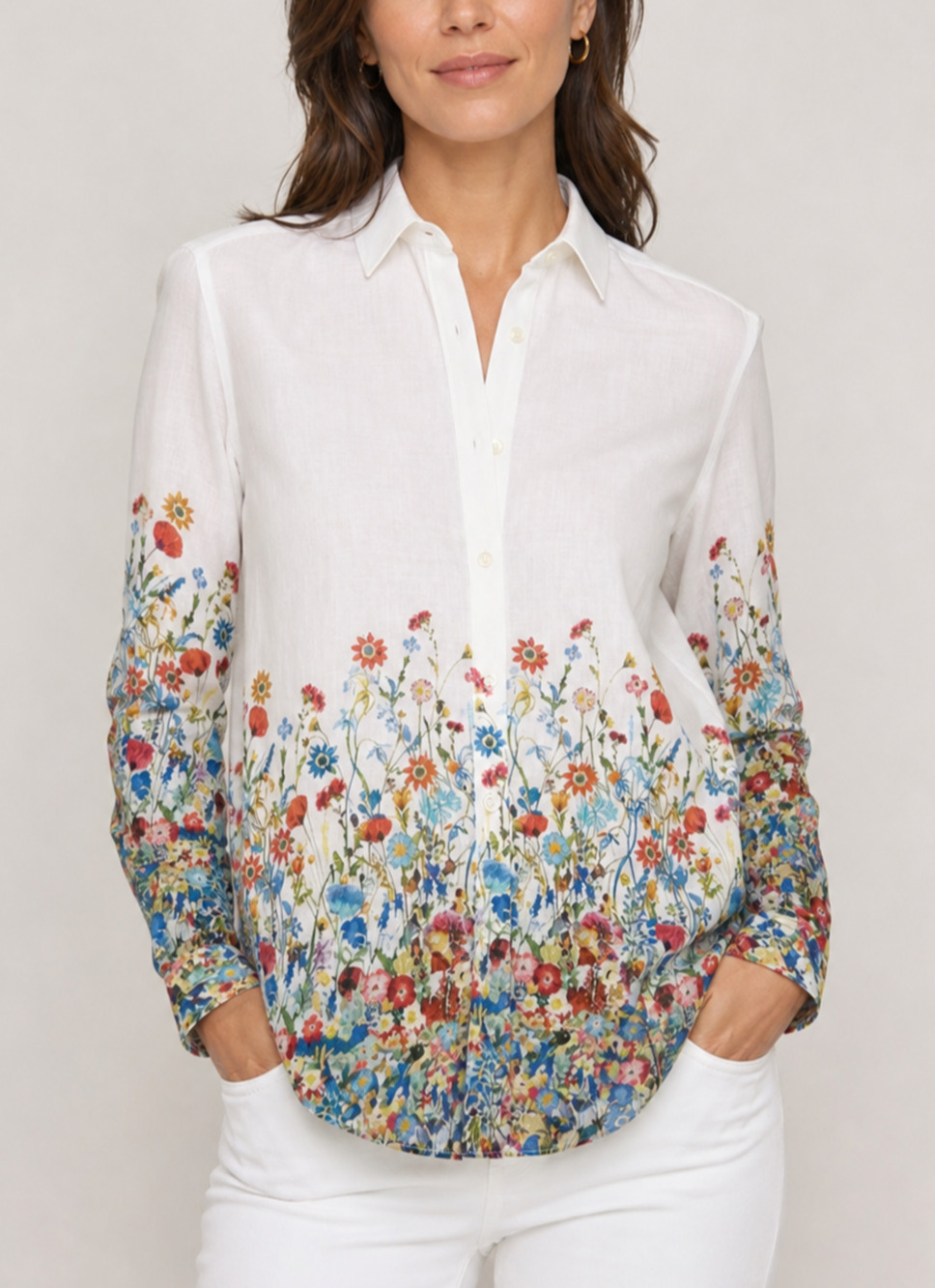 Vintage Y2K Ted Lapidus Womens Medium (est) Linen Shirt Floral Button Front Chic